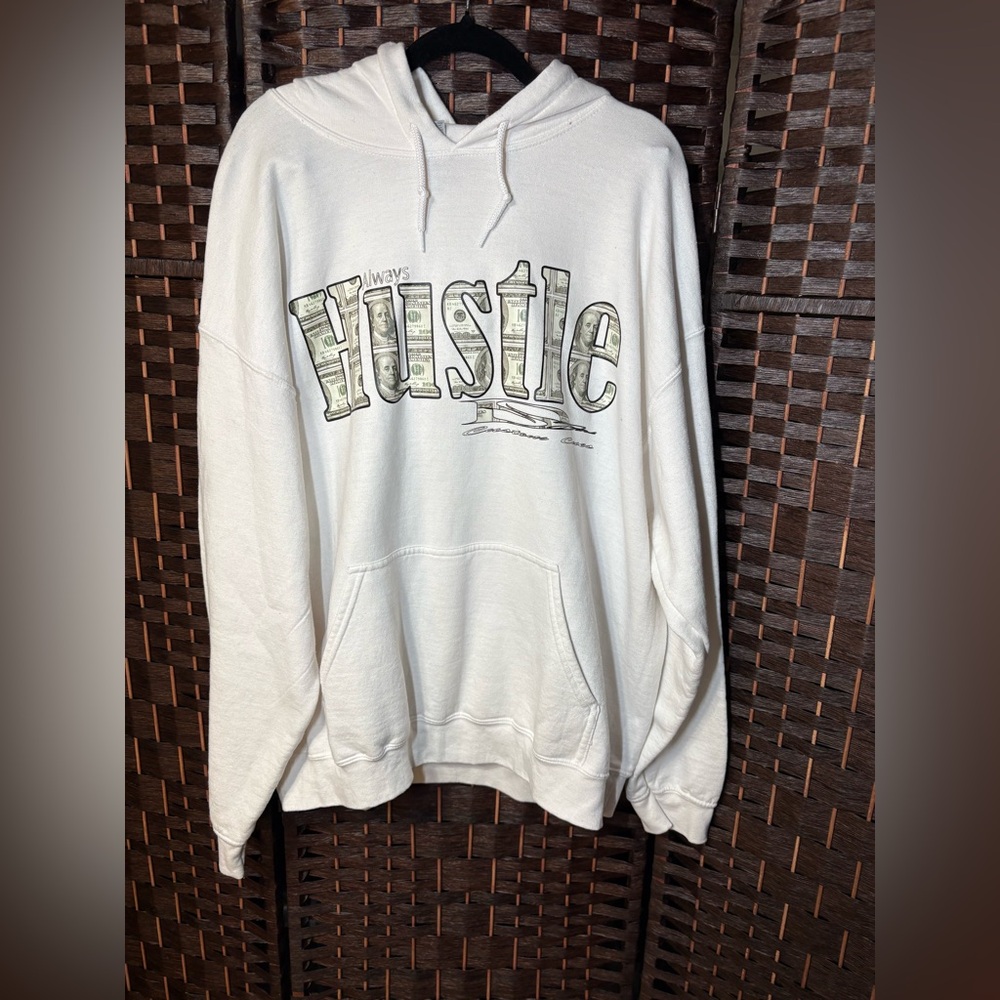 Always Hustle White Graphic Hoodie | Money Print Letters | Adult Unisex XL
